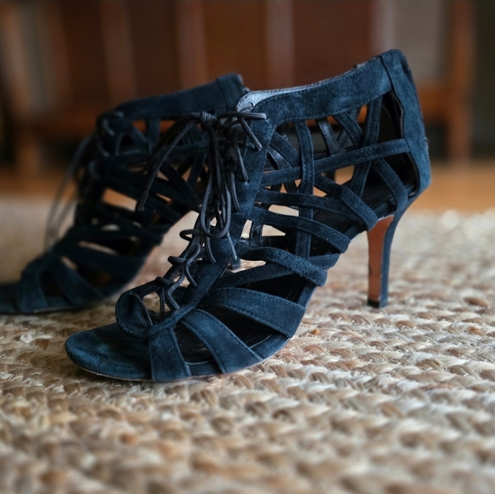 Pour La Victoire | Black Suede Strappy Heels 9